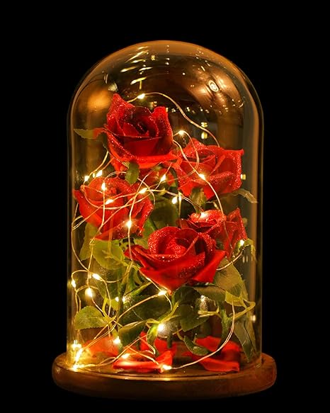 Amazon Com Snowkingdom 11 Beauty The Beast Rose In Glass Dome 6 Red Flower Led Light With Fallen Petals On A Wooden Base Belle Wedding Anniversary Christmas Mother S Day Everything Else