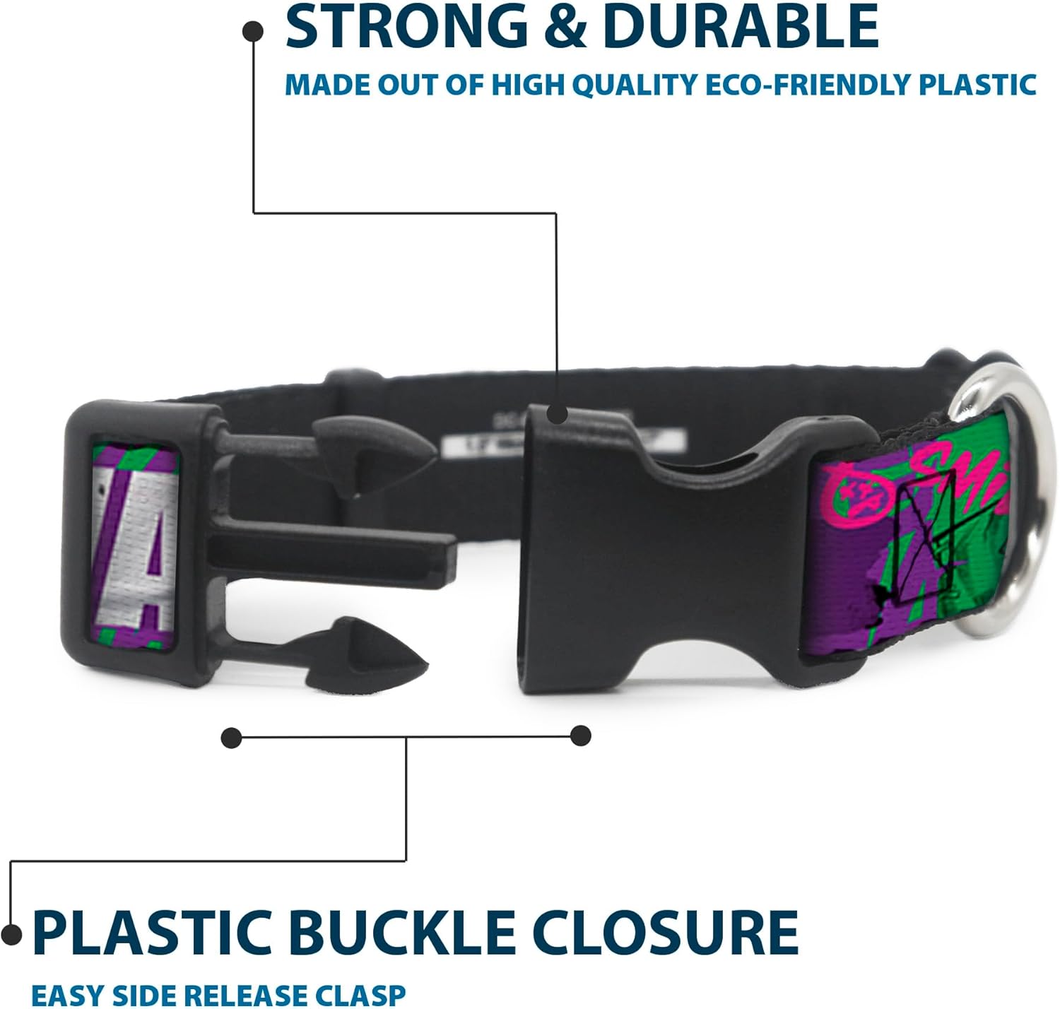 DC Comics Pet Collar, Dog Collar Plastic Buckle, The Joker Wanted Smiling Pose and Graffiti Purples Greens, 16 to 23 Inches 1.5 Inch Wide