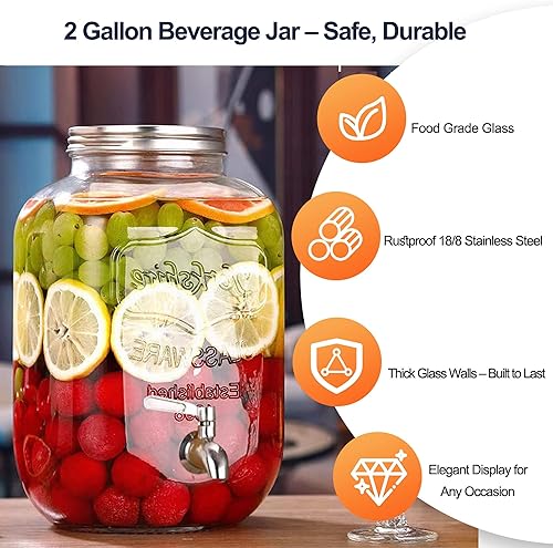 Miniatura 4 de Dispensadores de bebidas de 2 galones para fiestas, dispensadores de bebidas con soporte, dispensador de jarra de agua de vidrio, con grifo de acero