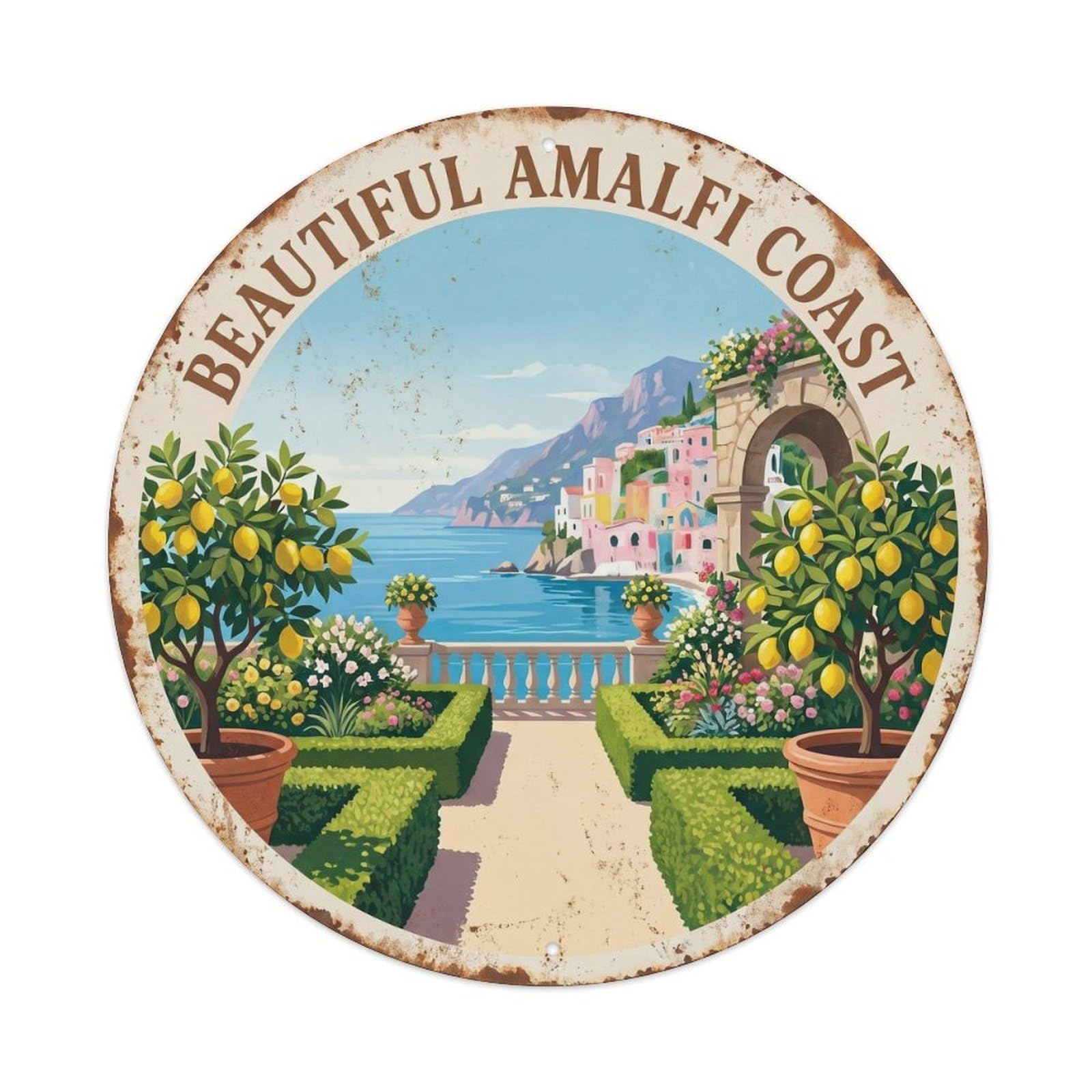 Italian Coast Mediterranean Villa Garden Vintage Travel Metal Tin Sign Plaque Wall Decor for Cafe, Man Cave, Club Bar, Office, Home Garden Round Metal Poster 8x8Inch