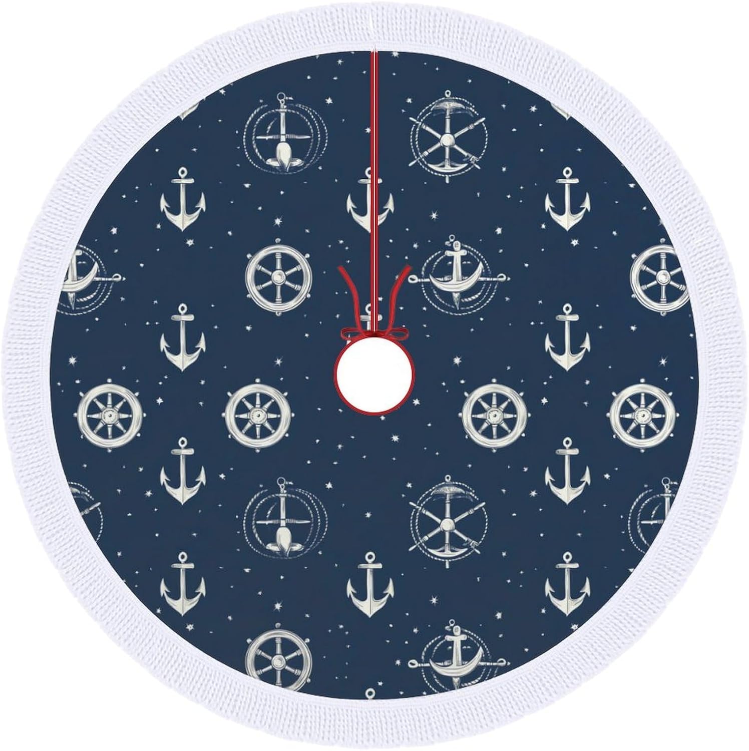 Navy Blue Nautical Anchores Christmas Tree Skirt Round Xmas Tree Mat Ornaments Tree Skirts with Tassels for Holiday Party