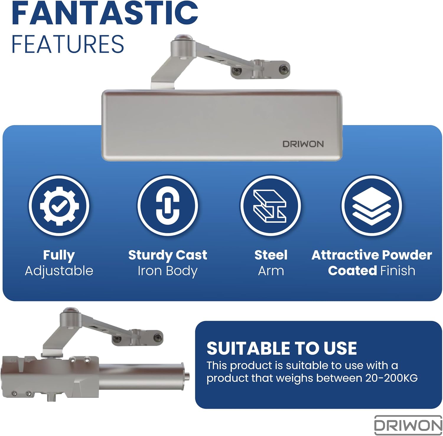 Commercial Extra Heavy Duty Hydraulic Door Closer - DRIWON DN-9500 Silver - Sturdy Cast Iron Body, Steel Arm, Attractive Powder Coated Finish, Adjustable for High Traffic