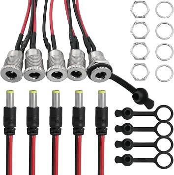 5Sets DC Power Jack Socket Threaded Male Panel Mount Connector Adapter with Dustproof Plug