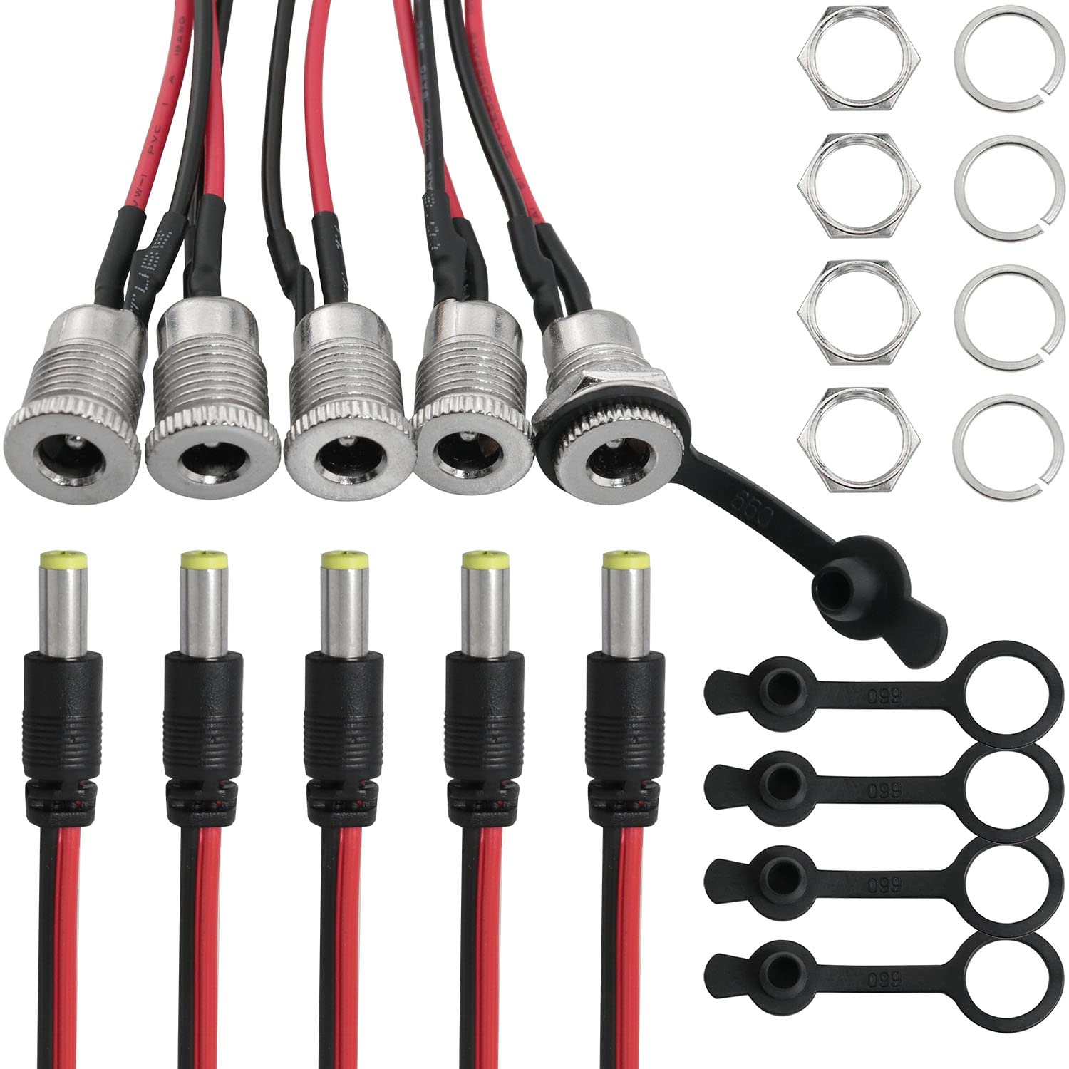 5Sets DC Power Jack Socket Threaded Male Panel Mount Connector Adapter with Dustproof Plug