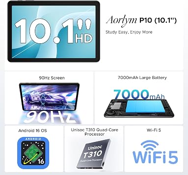 P10 Tablet Android 16, 10 Inch Tablet, 48GB RAM+128GB ROM/2TB TF, Gemini AI, 90Hz Display, 7000mAh/ 5W OTG/ 5G WiFi/Face ID/OTG/GPS/ 3.5mm Jack/Widevine L1, Tablets with keyboard