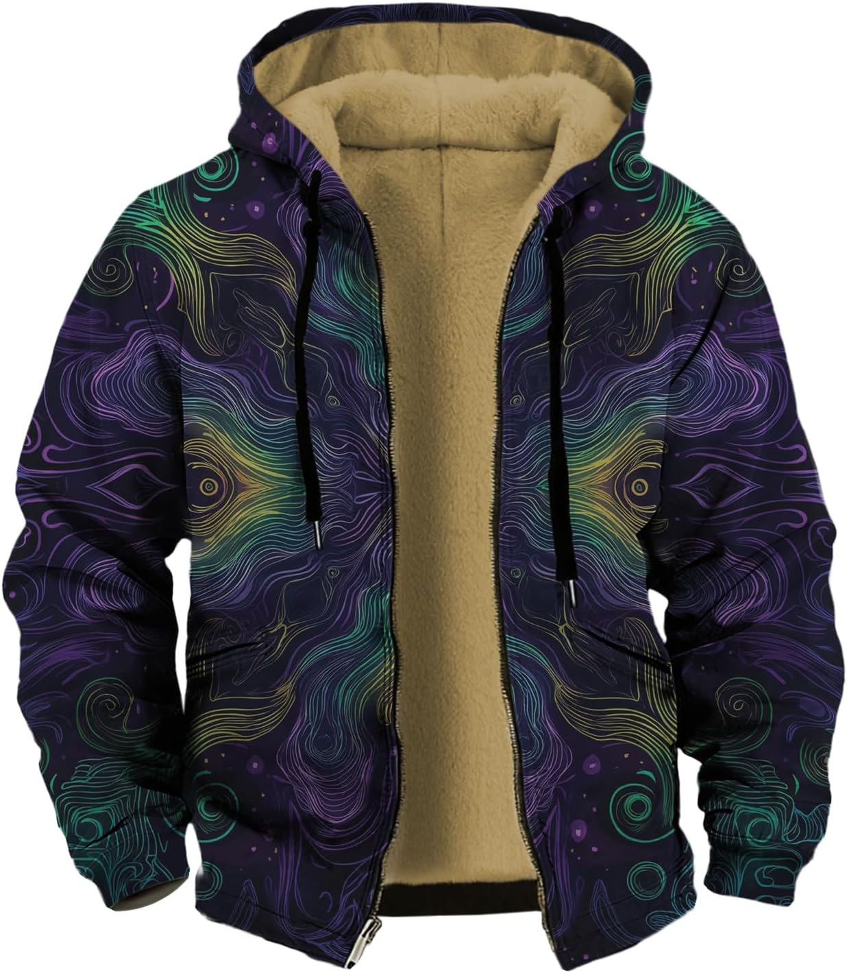 Mens Unique Print Sherpa Fleece Lined Full-Zip Jacket Big and Tall Retro Ethnic Winter Daily Coat