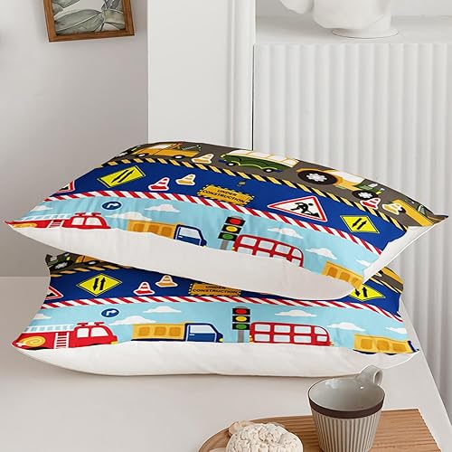 Miniatura 8 de QOOMO Juego de edredón suave y ligero con señal de tráfico, zona de construcción, para niños, juego de edredón de vehículos de construcción,