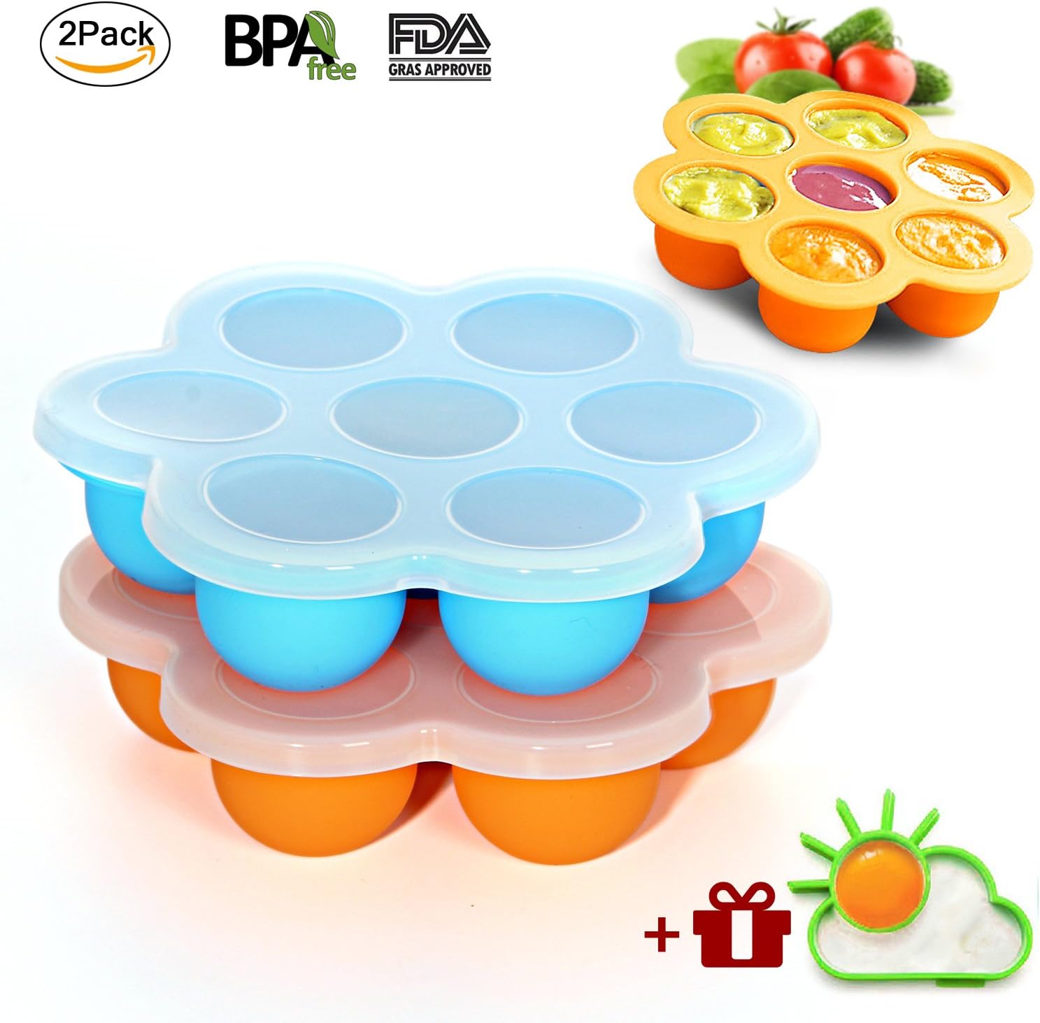 Ousum 2 Pack Silicone Egg Bites Molds, Baby Food Freezer Containers Trays and Ice Cube Trays with 2 Silicone Lids for Instant Pot Accessories, Microwave oven, Refrigerator