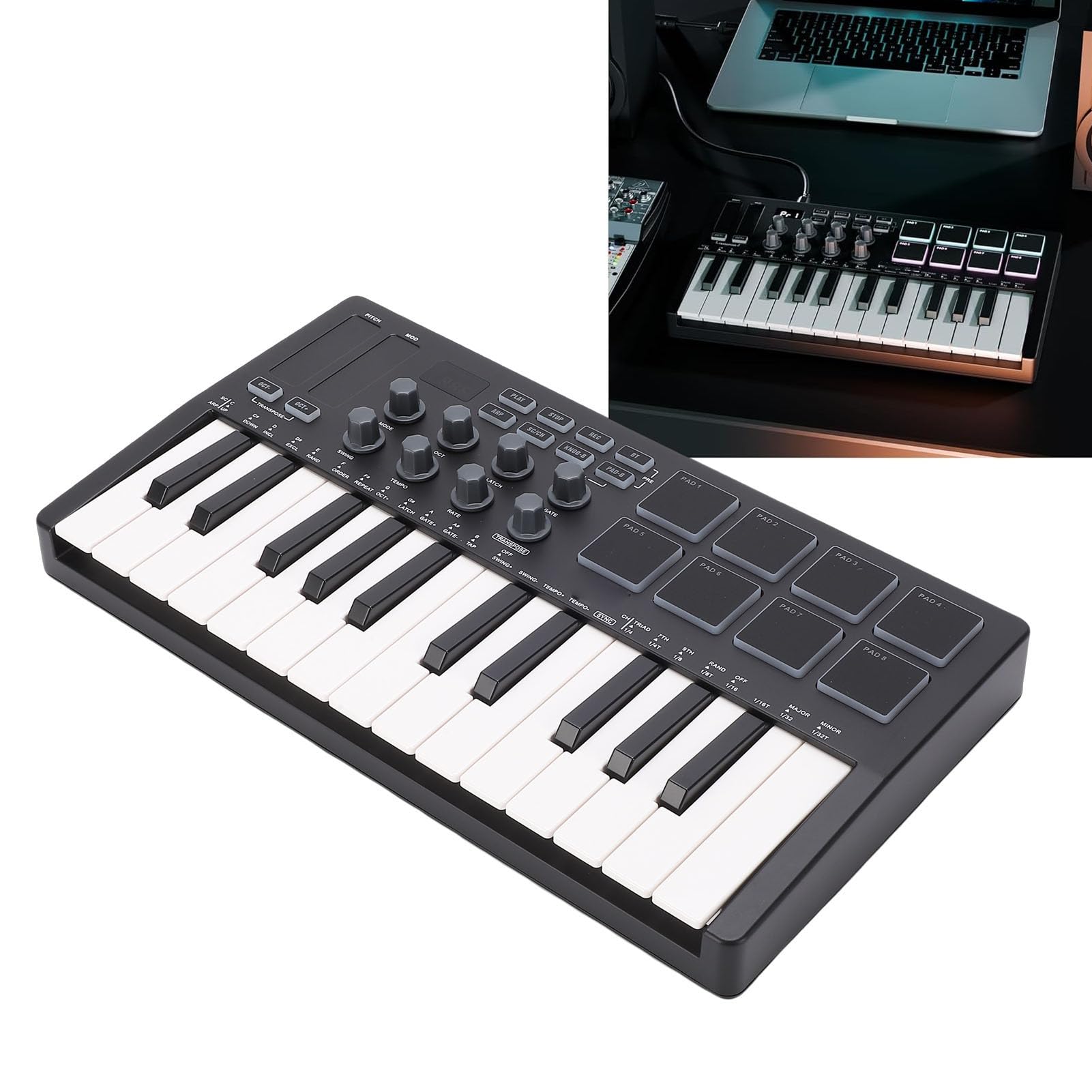 Eujgoov Controlador MIDI Portátil de 25 Teclas Bluetooth USB 8 Perillas Semipesadas con Software de Producción Negro para Producción Musical