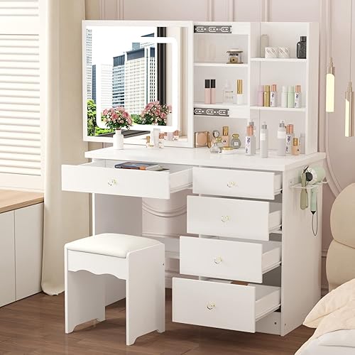Miniatura 9 de Homsee Juego de escritorio de tocador con espejo grande iluminado deslizante, tocador con 5 cajones, estantes de almacenamiento y taburete acolchado