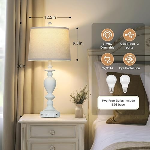 Miniatura 4 de Juego de 2 lámparas de mesa blancas de 28 pulgadas con puertos USB C+A y salida de CA para sala de estar vintage, dormitorio rústico, lámpara táctil