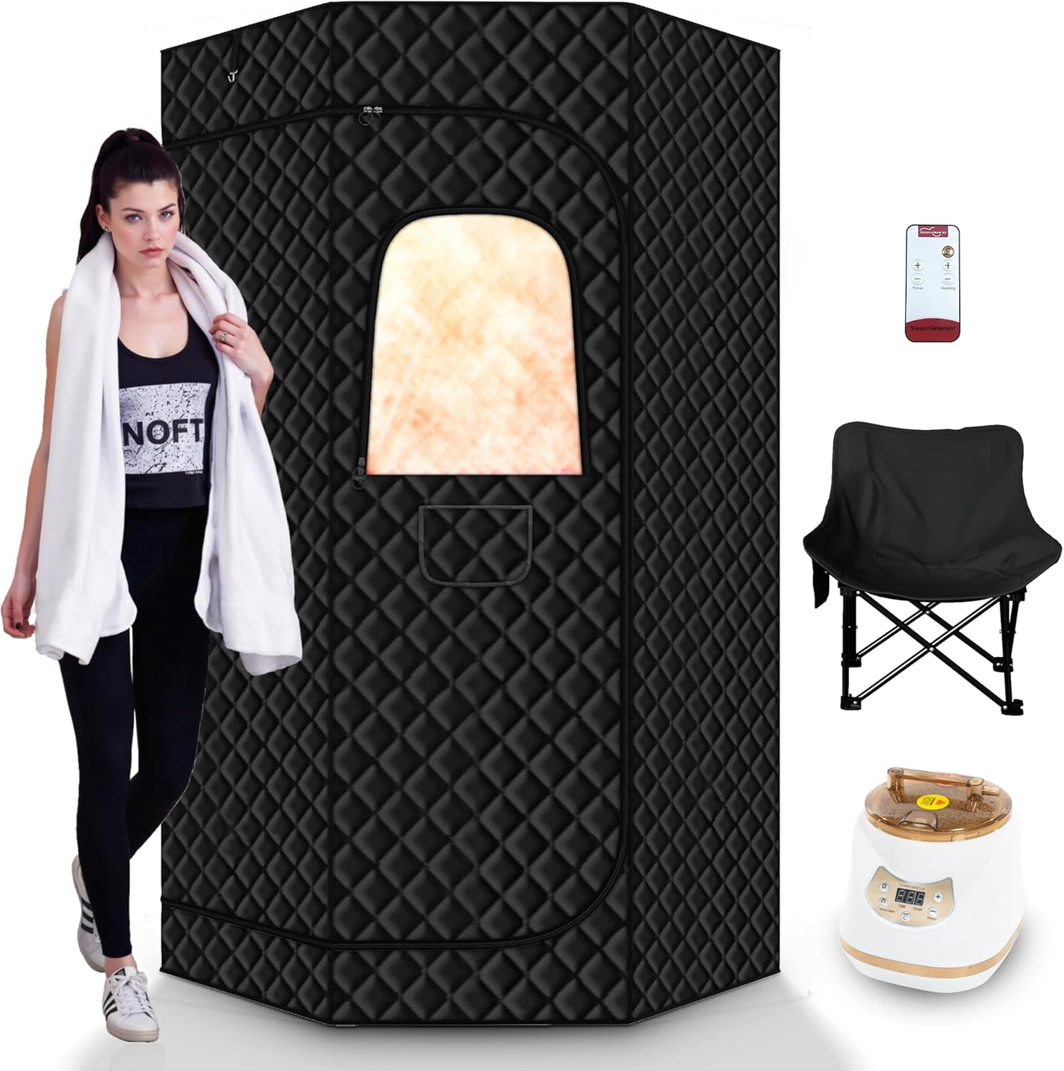 Portable Steam Sauna, Steam Sauna Tent Full Body Personal Sauna Room with 3L 1500W Steam Generator, Remote Control, Remote Control, 9 Levels Heat, 90 Mins Timer,Foldable Chair,Black