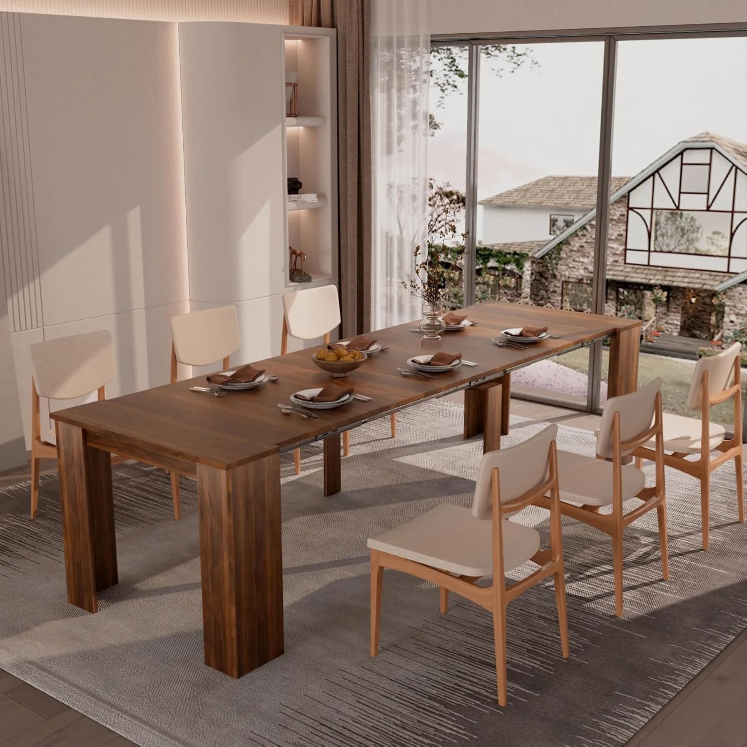 DMAITH 20"-118" Extendable Dining Table for 2-12 People, Modern Modular Extension Table, Space-Saving Extra Long Folding Dining Table, Multifunctional Conference Meeting Table, Walnut