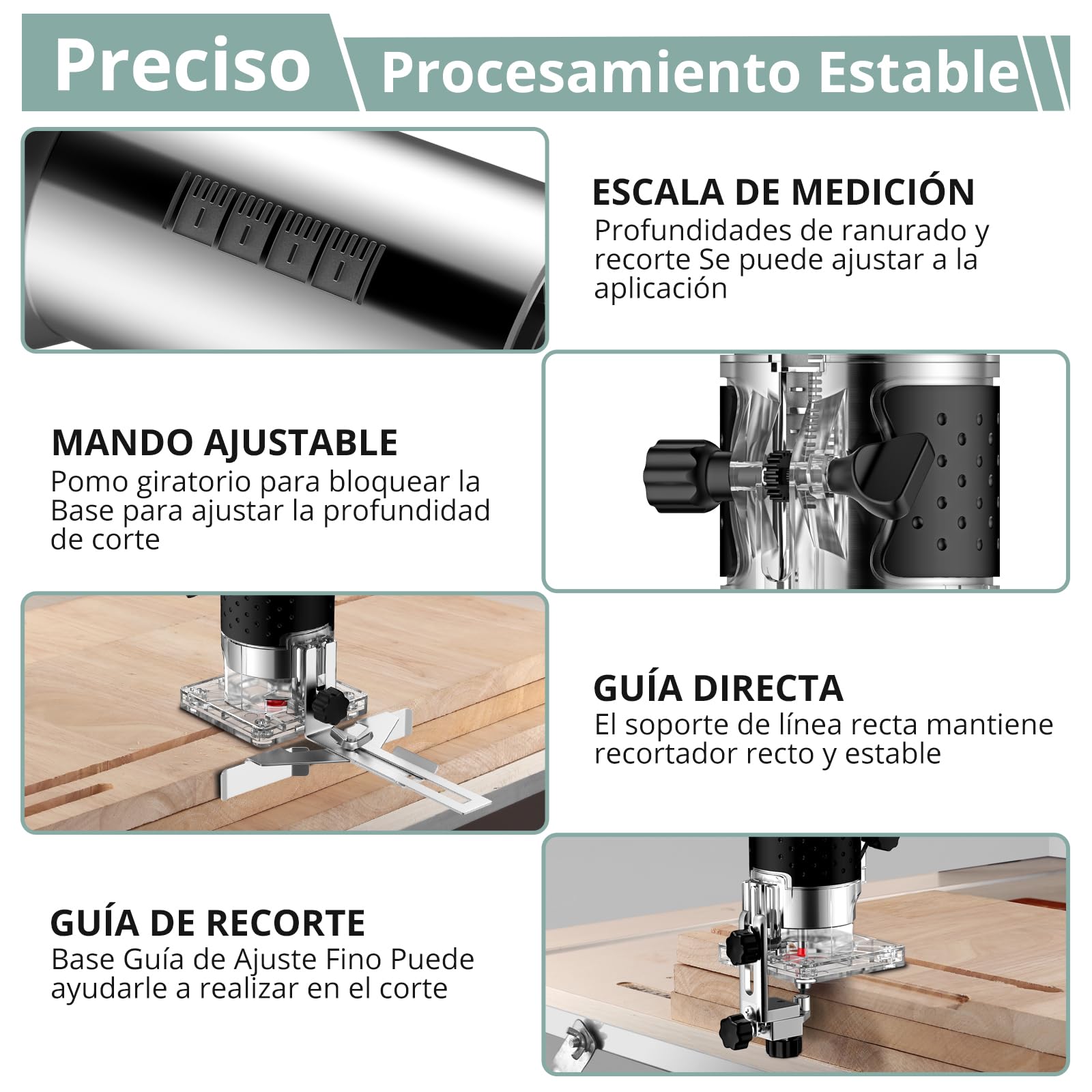 COLFULINE Juego de Fresadora de Madera Rebajadora Eléctrica 800W 30000R 6.35 mm (1/4 Inch) con 6 Velocidades Variables, con 15PCS 1/4"Juego de Brocas para Madera
