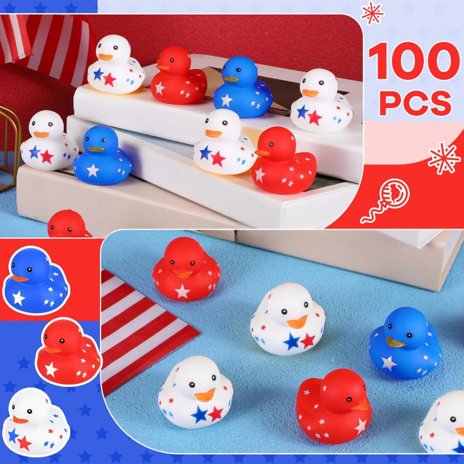 Jerify 200 Pcs Bulk Patriotic Rubber Ducks 4th of July 2 Inch Red White Blue Ducks Floating USA Rubber Duck Printed Stars Independence Day Duck Bath Birthday Gift Baby Shower Summer Beach and Pool