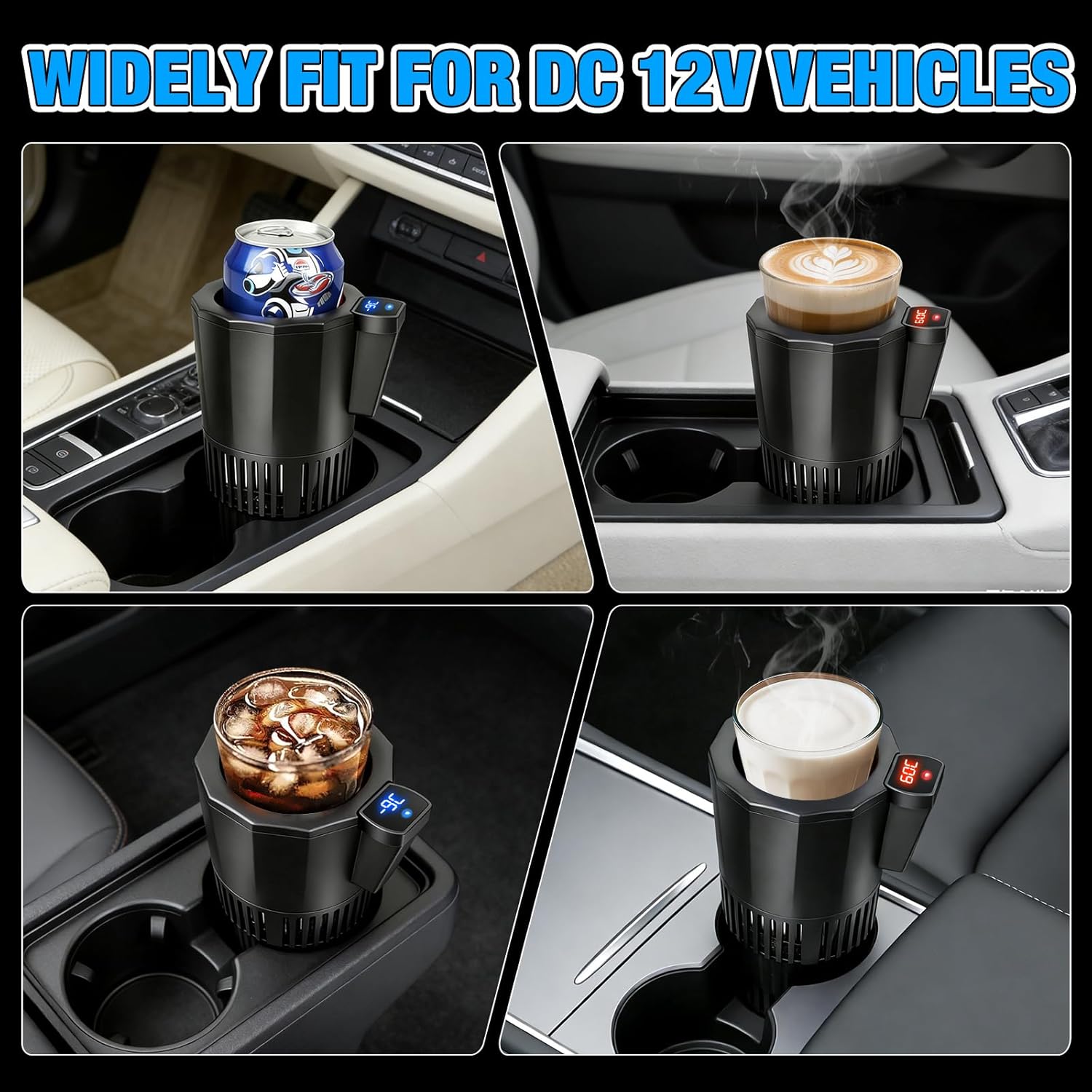 2 In 1 Auto Cooling And Heating Car Cup Holder with Insulation Lid for Car Coffee Warmer ​Cup Cooler & Mug Warmer, Portable Can Cooler 12V Fridge Travel Coffee Mug Quick Heating Cooling,1PC Pack,Black