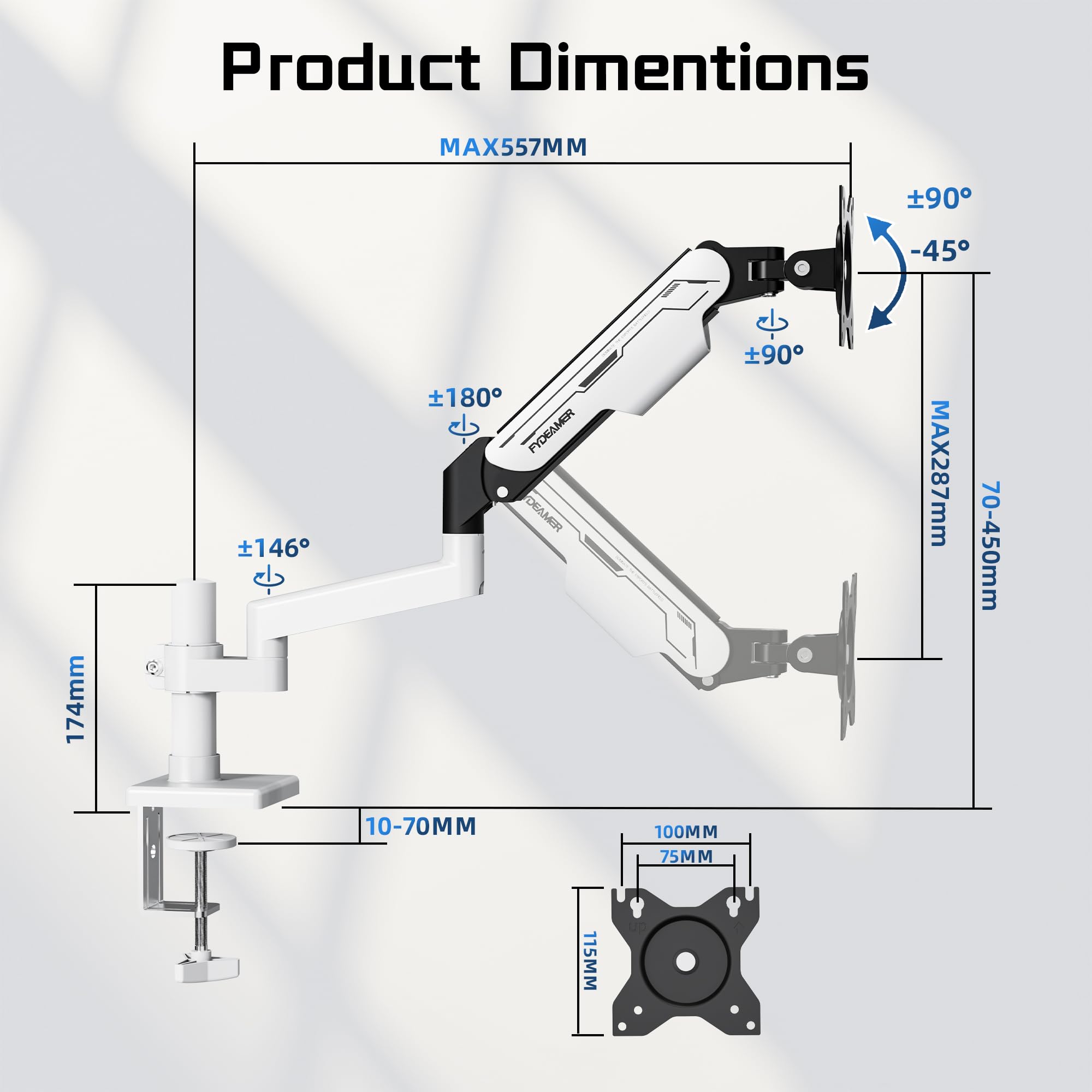 Fydeamer Braccio singolo per monitor, resistente supporto a molla a gas con regolazione dell'altezza e inclinazione per schermi da 17-32 pollici fino a 9 kg, supporto da scrivania VESA regolabile con