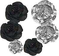 Vista 4 de IGUO Flor de papel negro plateado 3D artificial 6 piezas de pompones de papel para celebración escolar, decoración de flores para baby shower