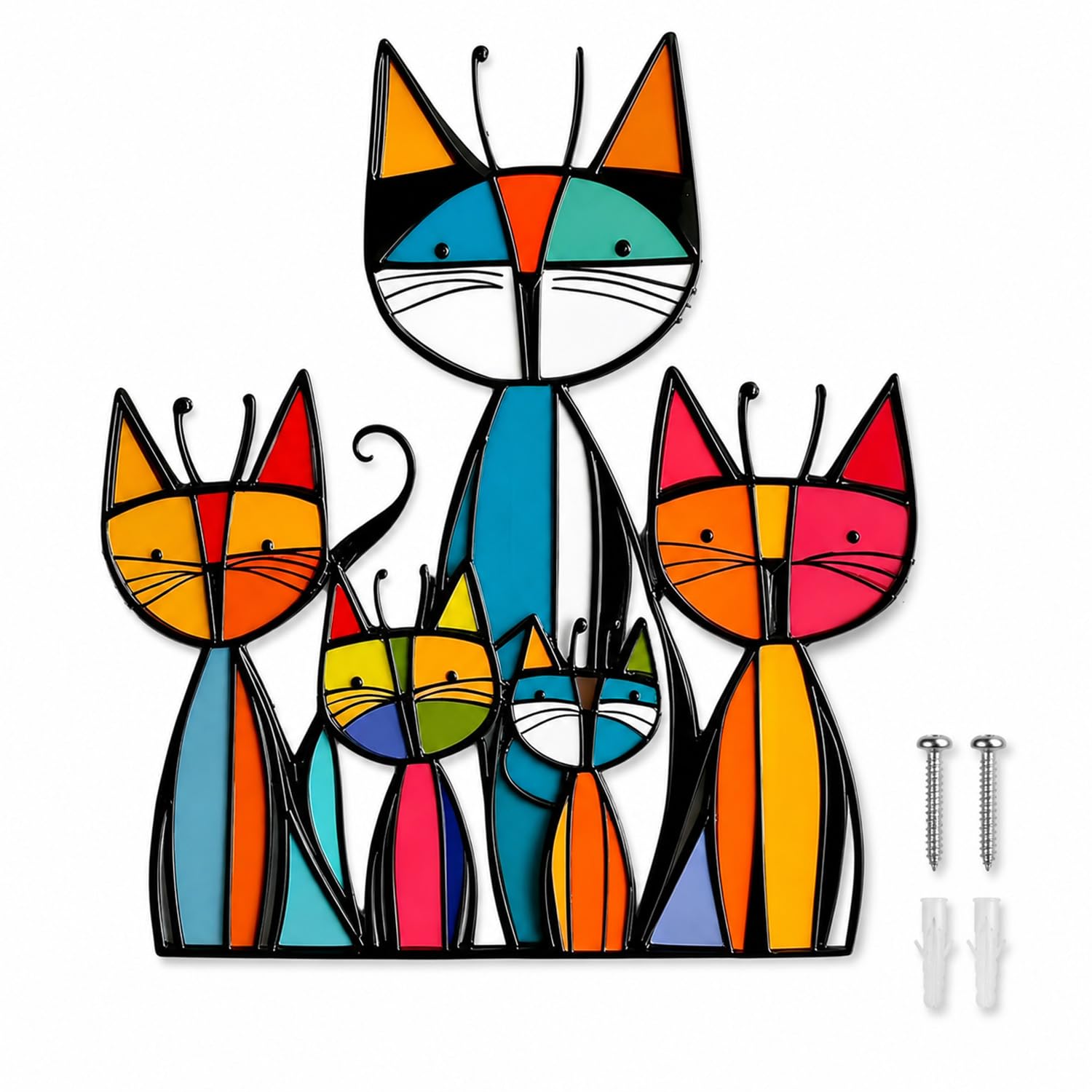 Aurelx Metal Wall Art with 5 Cats, Iron Material Cat Ornaments with Screws, Colorful Fence Ornaments Outdoor for Cats Lover, 20 x 30 cm Cat Wall Art for Bedroom Living Room Kitchen Garden Outdoor