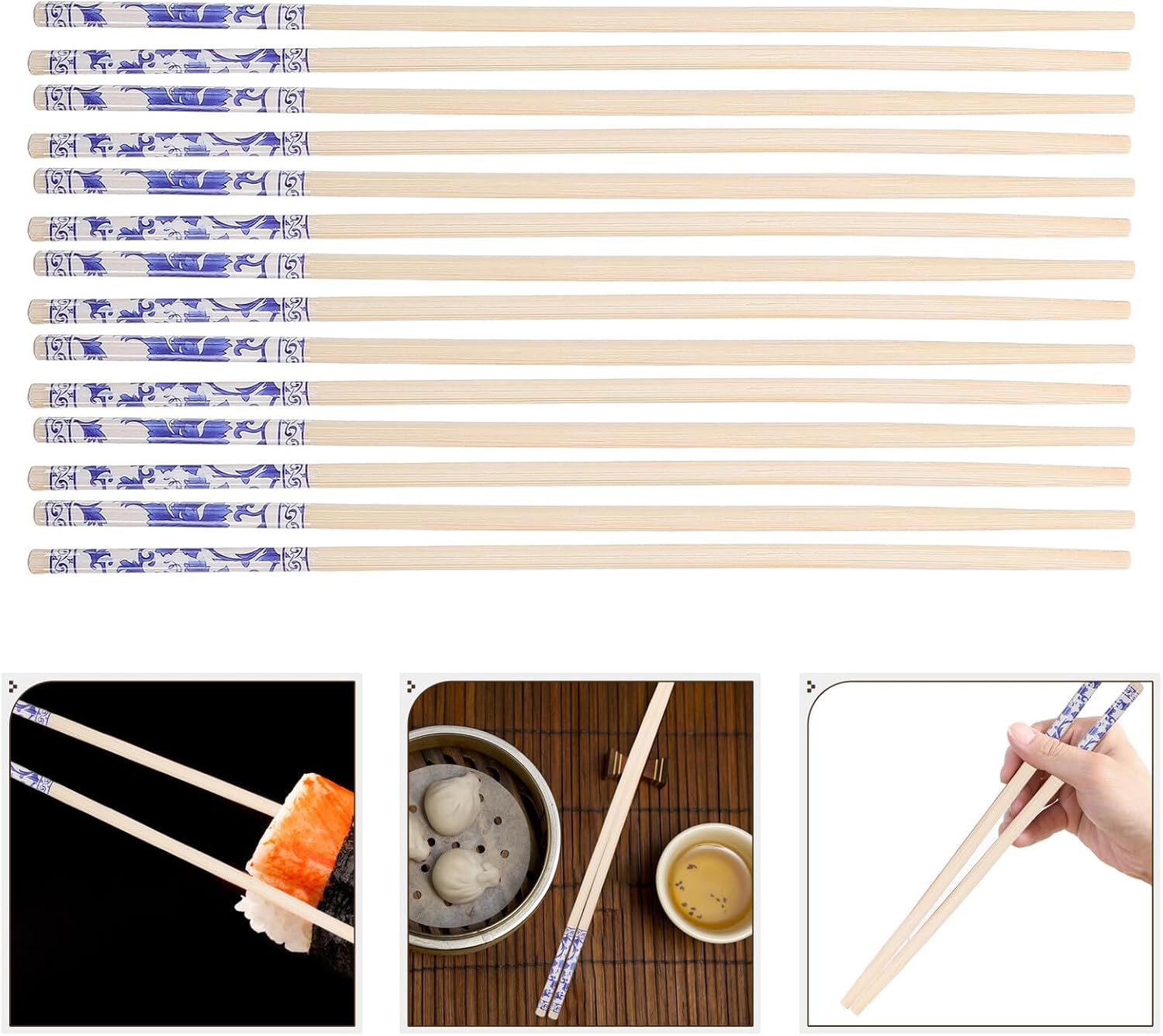 100 Pairs Disposable Biodegradable Chopsticks Chinese Style Blue and White Porcelain Design for Sushi Noodles Asian Takeout and Travel
