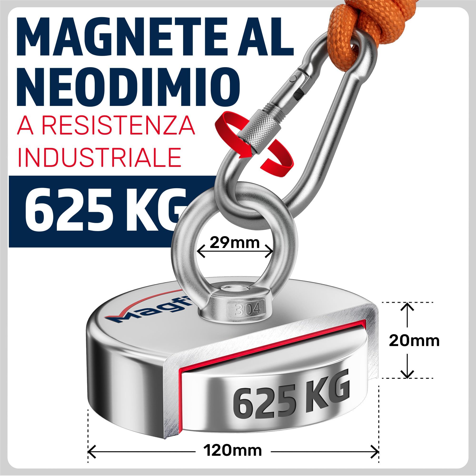 MAGFISHION Calamita Potente - Set di Magnete da Pesca - Forza di Trazione 625KG - Ø120mm - Magneti al Neodimio - Calamite Potenti con 2 Corde, Grappino & Guanti - Magnet Fishing