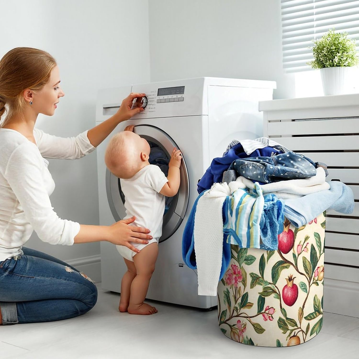 Pomegra Flowers Leaves Laundry Hamper Basket for Home Bathroom | clothes storage,handle,large capacity,oxford