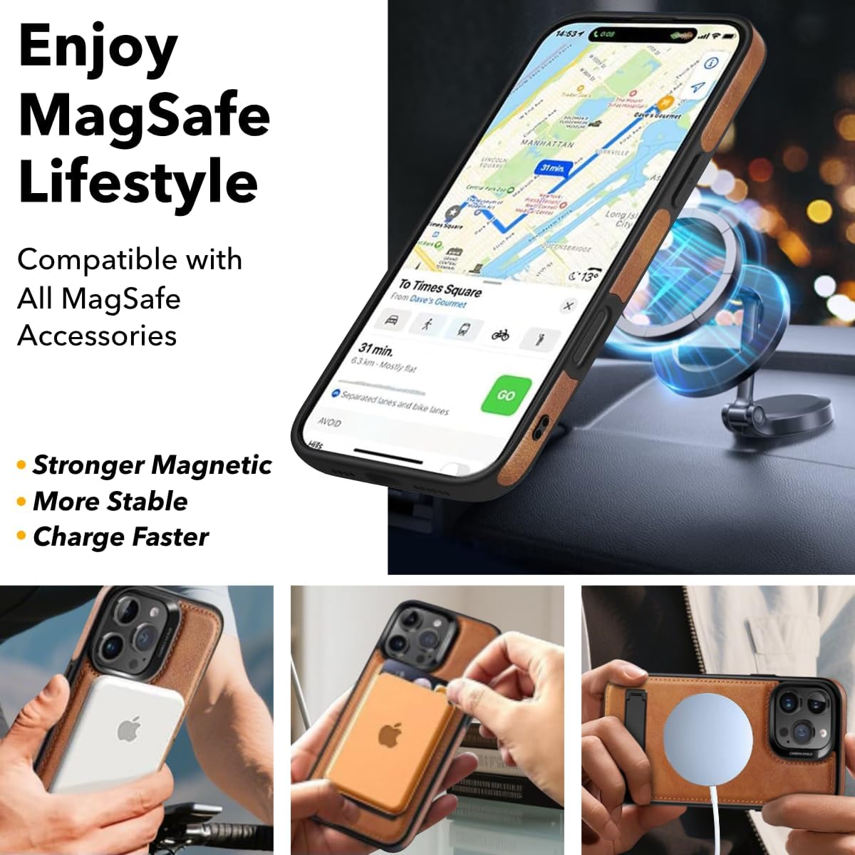 iPhone 16 Pro Max Case Leather, MagSafe Compatible Strong Magnetic N56, Invisible Kickstand Stand Cover, Slim Protective Phone Case for iPhone 16 Pro Max 6.9", Brown - Image 2