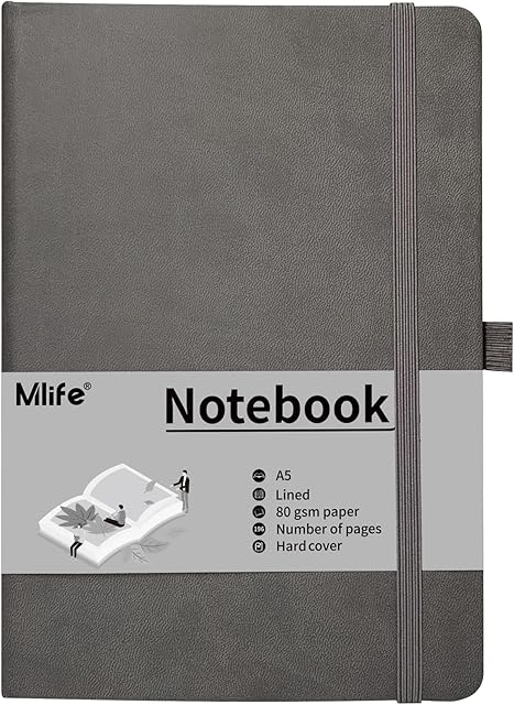 Mlife A5 Journal Notebook ,Lined Hardback Notebook with Pen Holder ,192 Pages ,5.7 inches * 8.4 inches - for Women and Men (Gray)