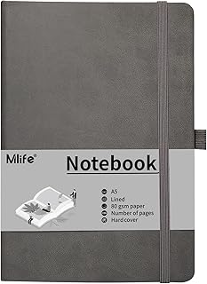 Mlife A5 Journal Notizbuch, 192 Seiten, Hardcover mit elastischem Verschlussband und Falttasche(Grau)