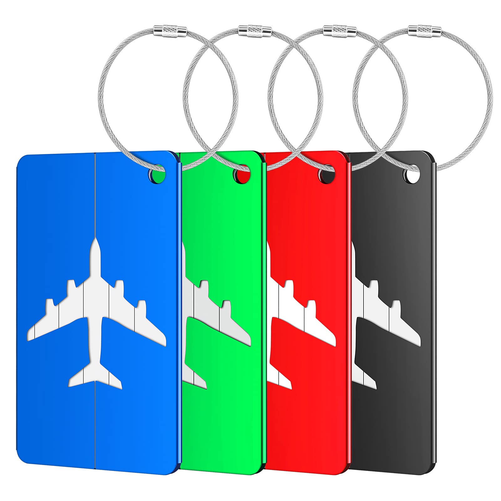 Brencco 4 Aluminium Luggage Tags with Personal Information Card, Metal Luggage Tag for Luggage Bags, Suitcases, Four Colour Luggage Tag, Red, Black, Blue, Green, Aluminium 4-Colour Luggage tag