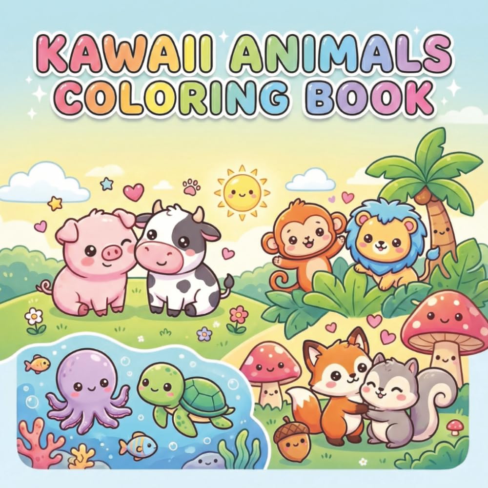 Kawaii Animals Coloring Book for Kids Ages 4–8: 50 Cute & Easy Coloring Pages of Farm, Jungle, Ocean & Woodland Animals