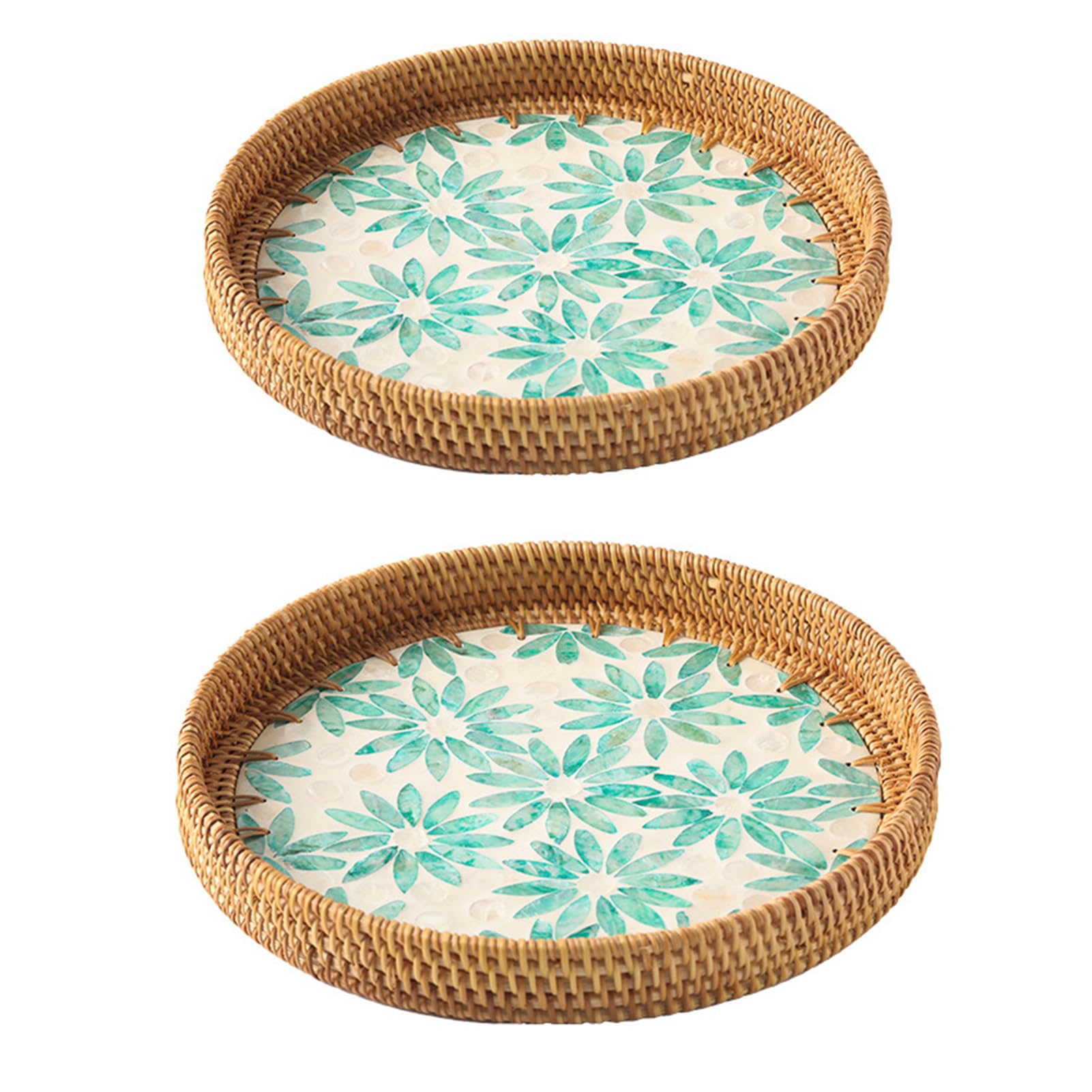 2 PCS Rattan Serving Tray,Rattan Bread Baskets for Serving,Decorative Round Wicker Basket Tray with Mother of Pearl Inlay,Fruit Storage Tray for Coffee Table Farmhouse Serving(#3)