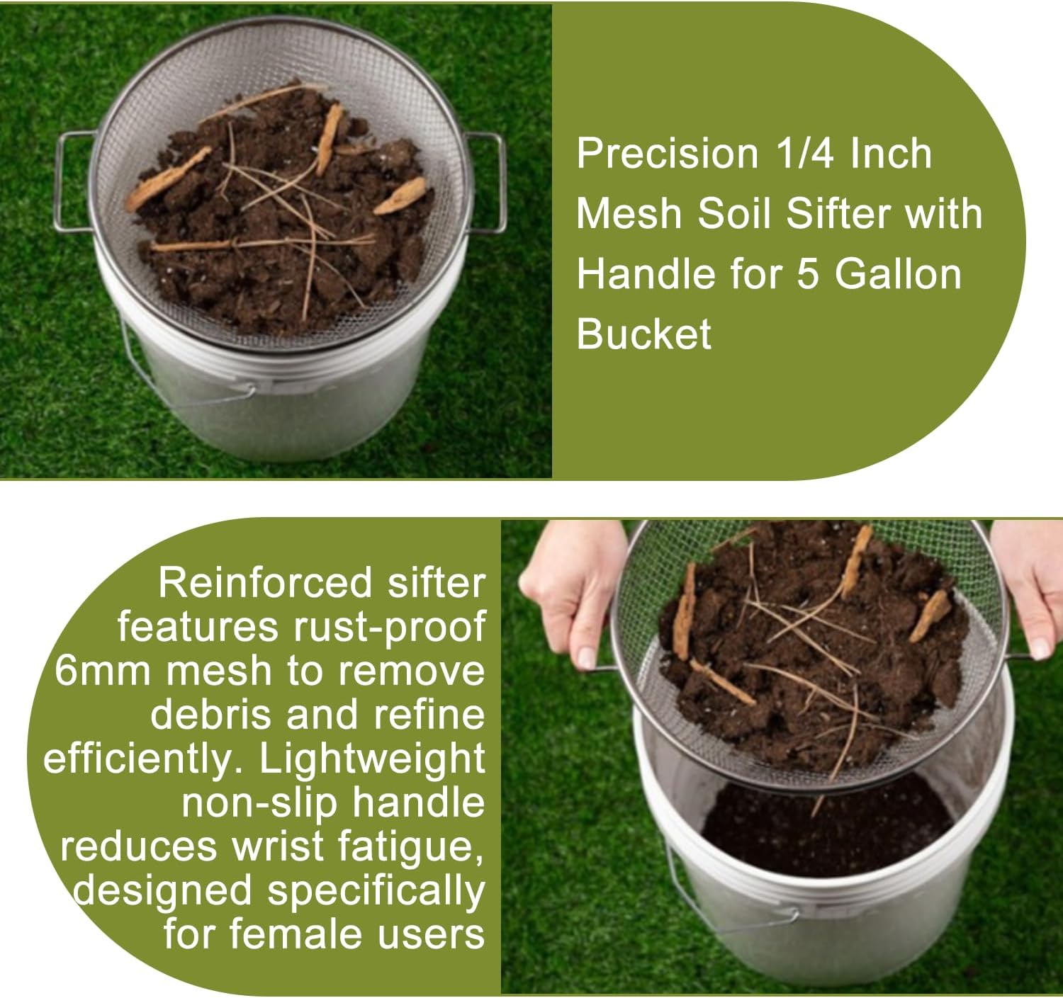 Soil Sifter for Gardening with Garden Tool, Heavy Duty Garden Sieve Rock Sifter for 5gallon Bucket,1/4 Inch Mesh Compost Sifter Dirt Sifter with Handle