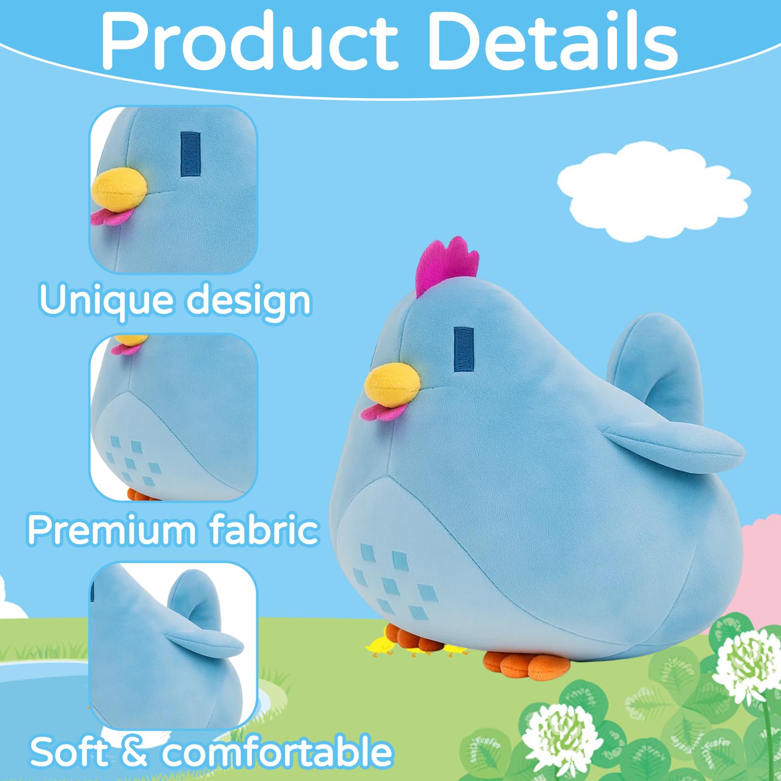 SrgPui Chicken Plush, Blue Chicken Teddy, Weiches Spielzeug Für Kinder, Farmtier Geschenk - Image 3