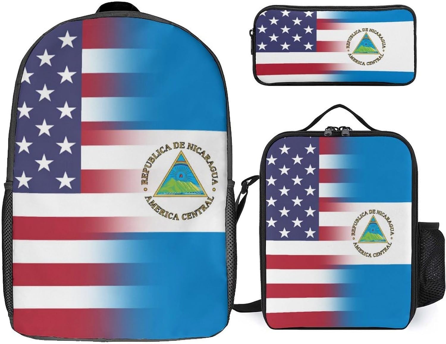 US & Nicaragua Flag Cute Backpack Set with Lunch Bag Pencil Cases