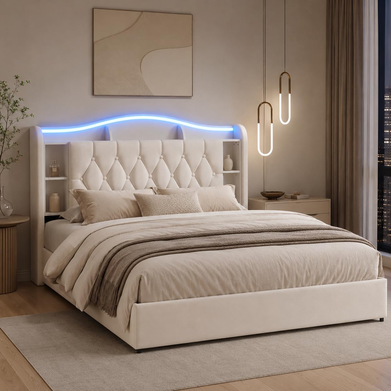 BRILVERDE Łóżko tapicerowane 160 x 190 cm, z miejscem do przechowywania, podwójne łóżko z diodami LED/USB, rama łóżka ze stelażem i zagłówkiem, łóżko młodzieżowe dla dorosłych i młodzieży, aksamitne