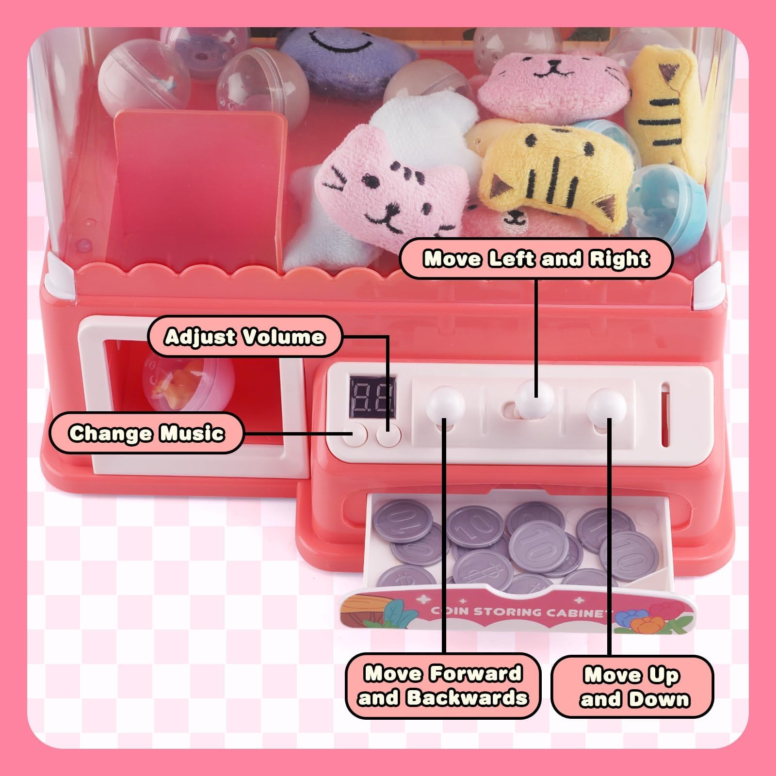 Mini Candy Doll Grabber Machine Gachapon Grabber Candy Grabber Machine con Empujadores De 20 Piezas Y MáQuina De Brazo Agarrador, Juguetes De Peluche, MáQuina De Garras para NiñOs