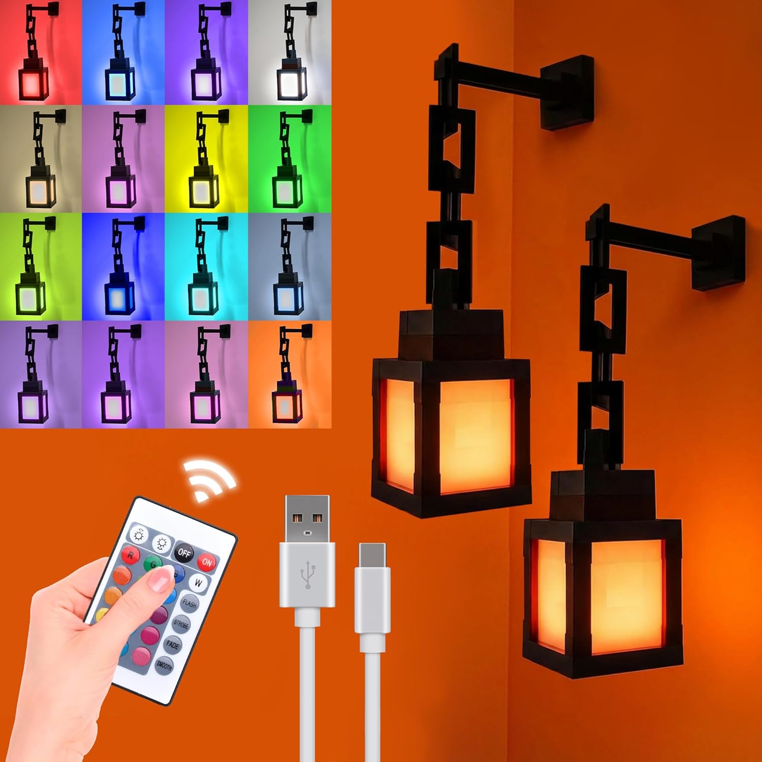 2PCS Pixel Lantern Evening Gentle – 16 Colours Altering Hanging Lamp – USB Rechargeable LED Gentle with Contact & Distant Management – Wall Mount Temper Nightlight – Decor for Bed room Gamer Room – Present for Boy