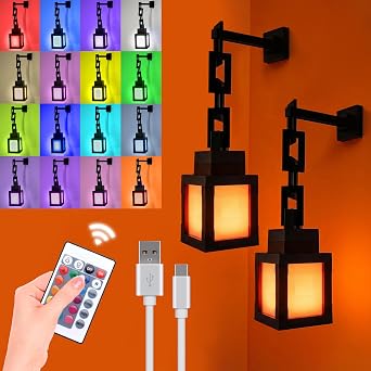 2PCS Pixel Lantern Night Light - 16 Colors Changing Hanging Lamp - USB Rechargeable LED Light with Touch & Remote Control - Wall Mount Mood Nightlight - Decor for Bedroom Gamer Room - Gift for Boy