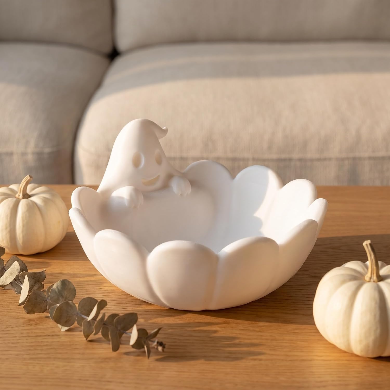 Ghost Shaped Halloween Bowl for Candy, White Plastic Halloween Season