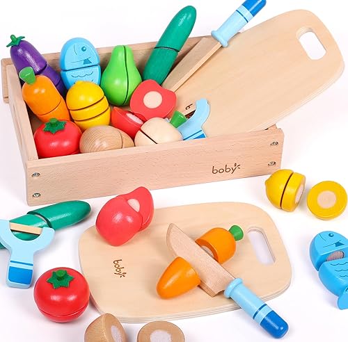 Dailyfunn - Juego de alimentos de madera para niños, juego de cocina Montessori con caja de almacenamiento