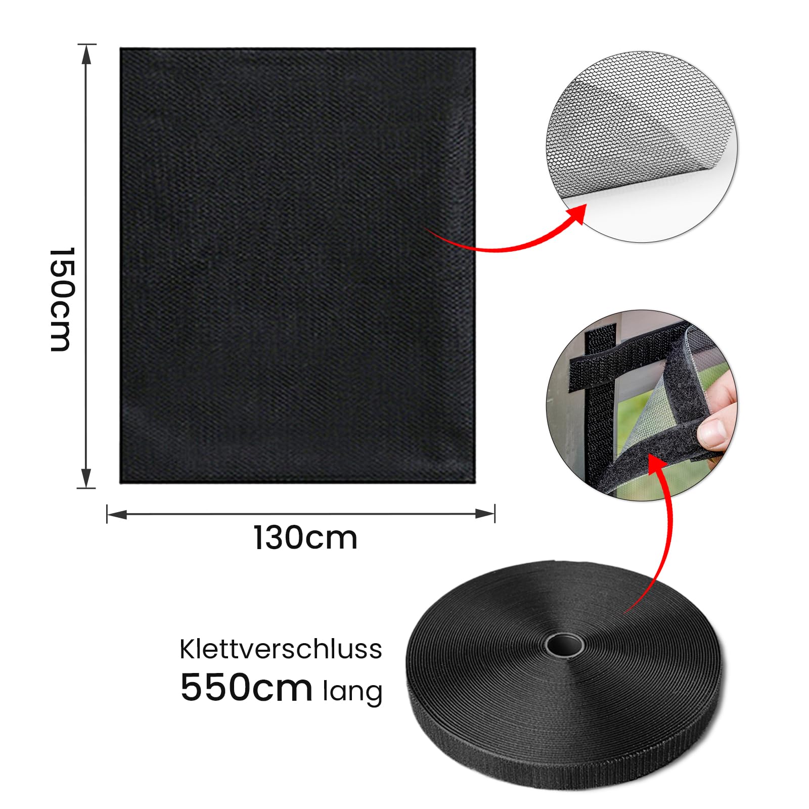6 zanzariere per finestre, zanzariera, ritagliabile, 130 x 150 cm, zanzariera per finestra, autoadesiva, protezione dagli insetti, finestra con 6 rotoli di nastro adesivo (nero)