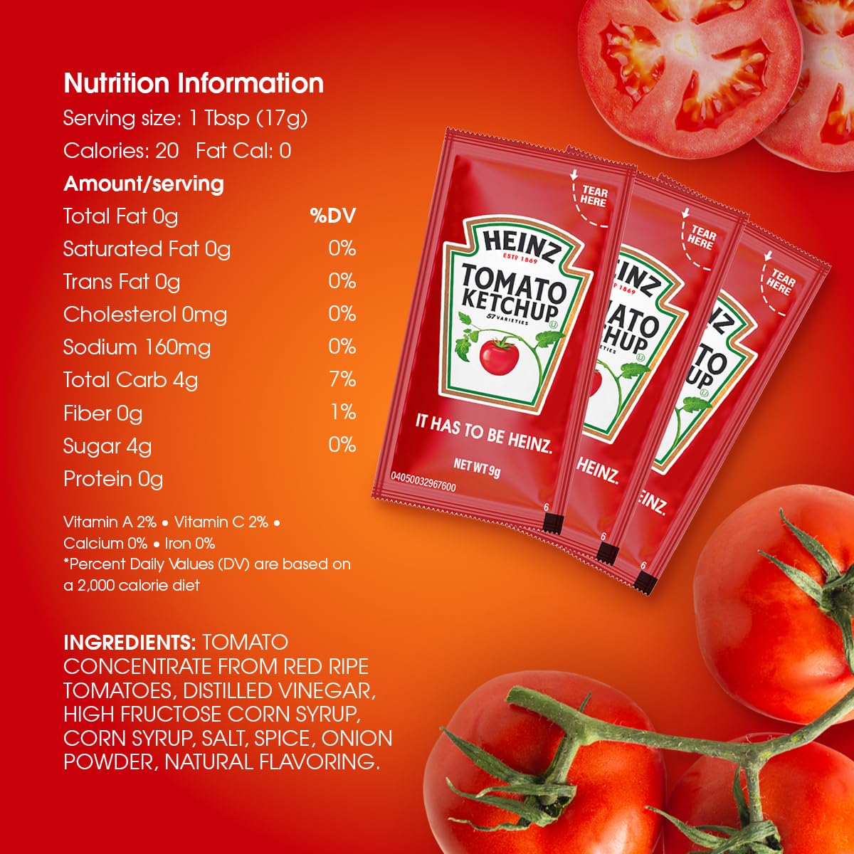 Heinz Ketchup Packets - 50 pezzi - Pacchetto condimento monodose, senza glutine, Kosher - Ketchup in un prodotto affidabile personalizzato per alimenti sicuro sacchetto sigillante