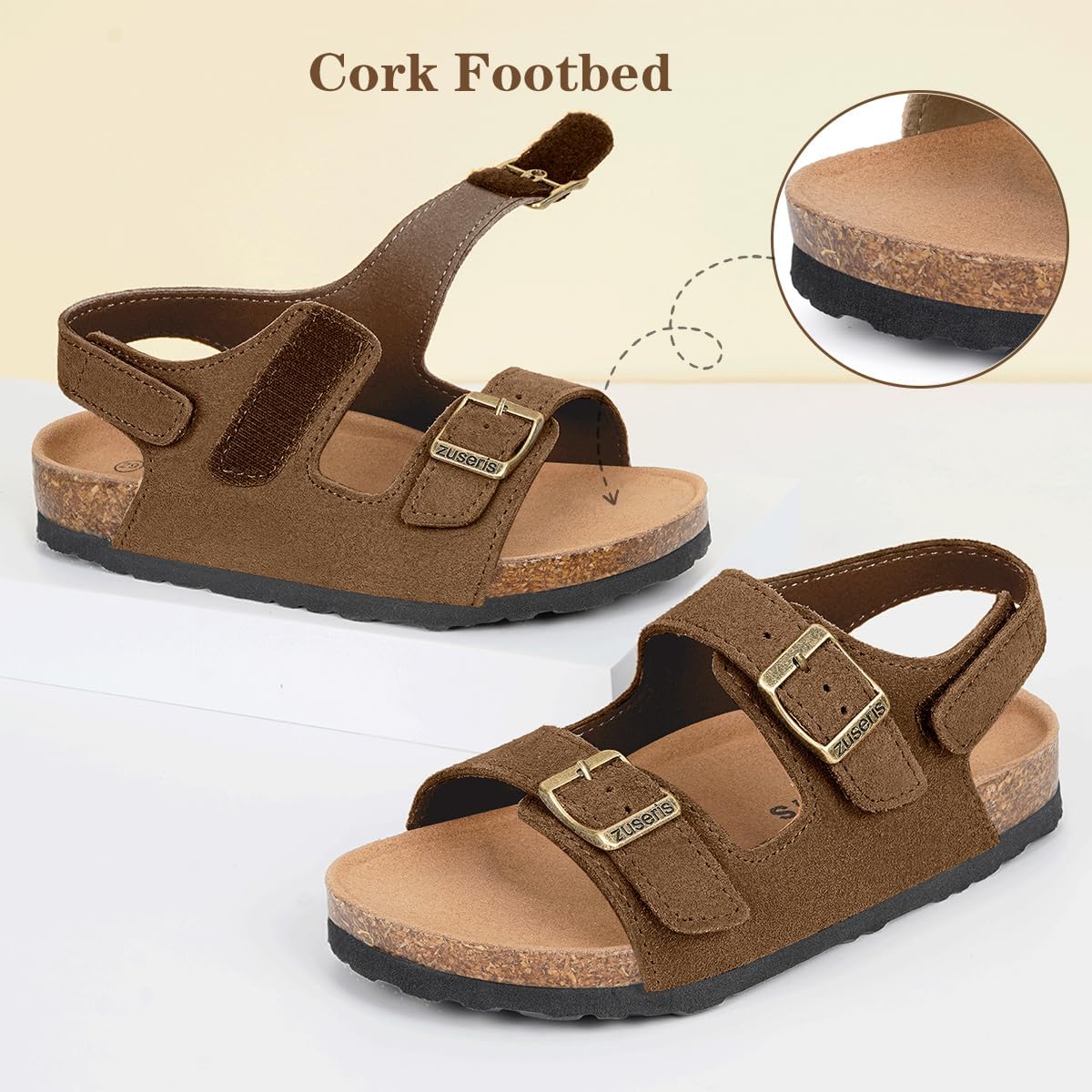 ZUSERIS Kids Toddler Sandals Boys Girls Cork Footbed Sandal Comfort Double Buckle Slip On Slippers with Adjustable Back Strap