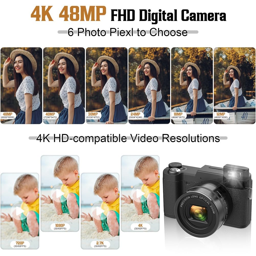 Aparat fotograficzny 4K 48 MP z 5-krotnym zoomem optycznym i 8-krotnym zoomem cyfrowym, kompaktowy aparat z autofokusem