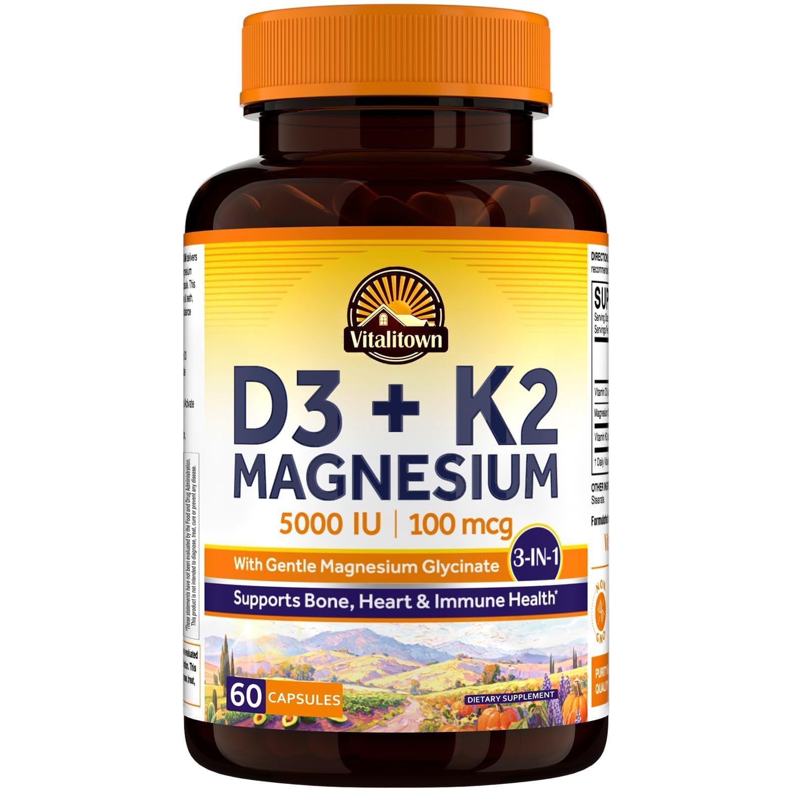 Vitalitown Vitamine D3 K2 avec Magnésium, 5000 UI D3, 100 mcg K2 comme MK-7, Magnésium Glycinate, Non-OGM, Pas de gluten, Formule 3-en-1 pour la santé des os, du coeur et des immunones, 60 Capsules
