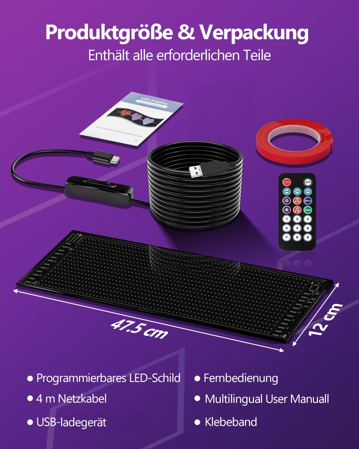 Pantalla LED Programable,47.5 X 12cm Letrero led Para Coches Ojos Del Diablo Control VíA App Bluetooth y Mando a Distancia,Colorida Letrero LED Flexible,Usb 5v,Para CamióN, Publicidad XAXVSTS