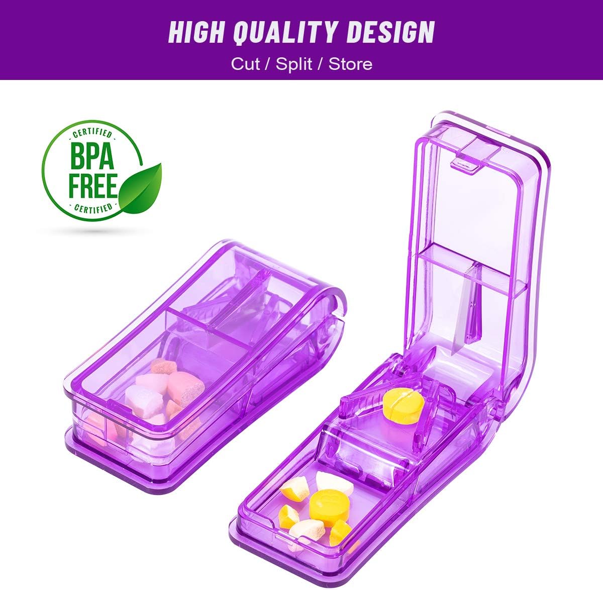 2-Pack Pill Cutter, Pill Splitter with Retracting Blade Guard, Medicine Cutter Splitter Divider for Vitamins, Pills, Medicines (Purple)