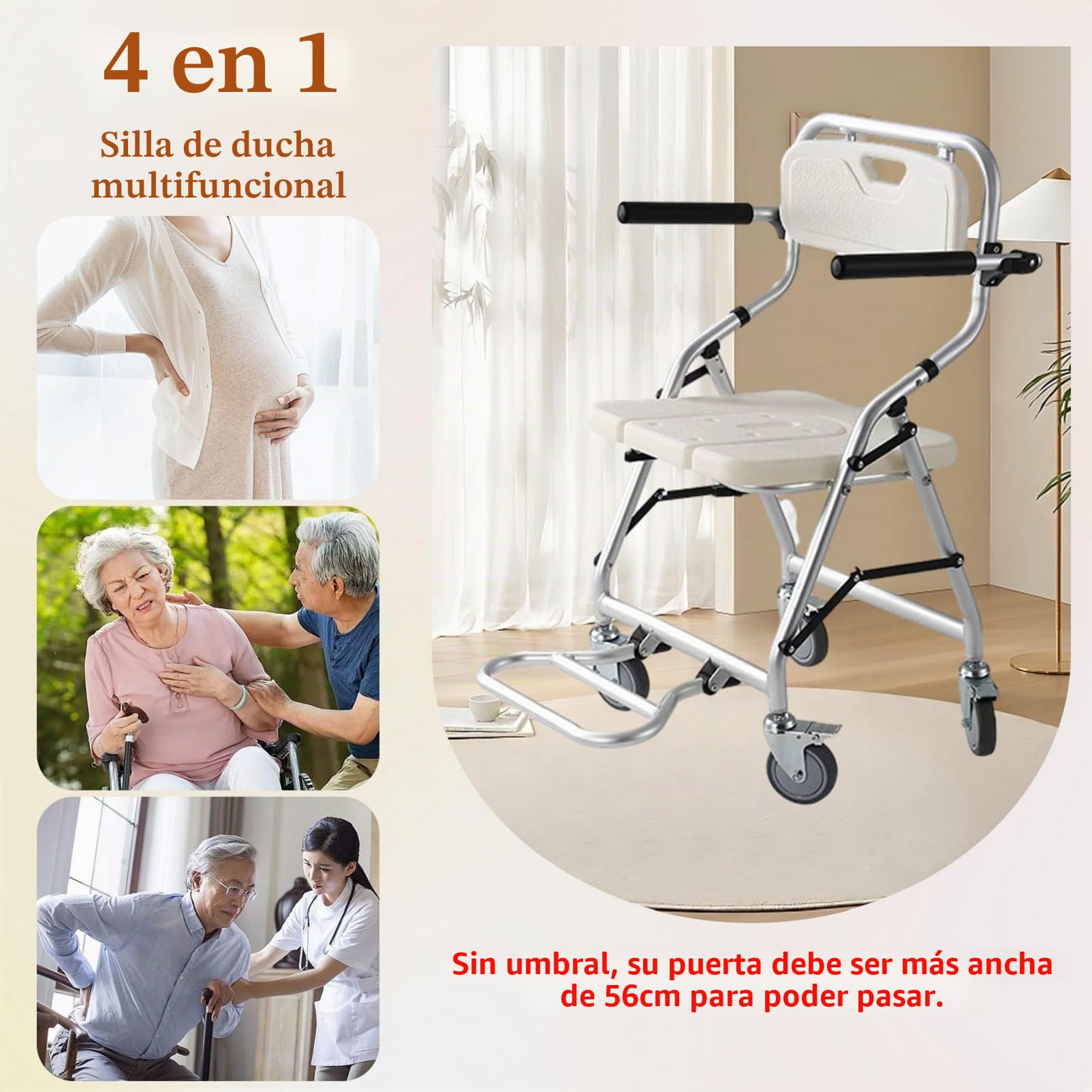 Silla para Ducha para Personas Mayores, 3 en 1 Silla de Ducha con Ruedas Plegable, Sillas con Ruedas para Ducha/Móvil/Inodoro con Frenos, Carga 120kg