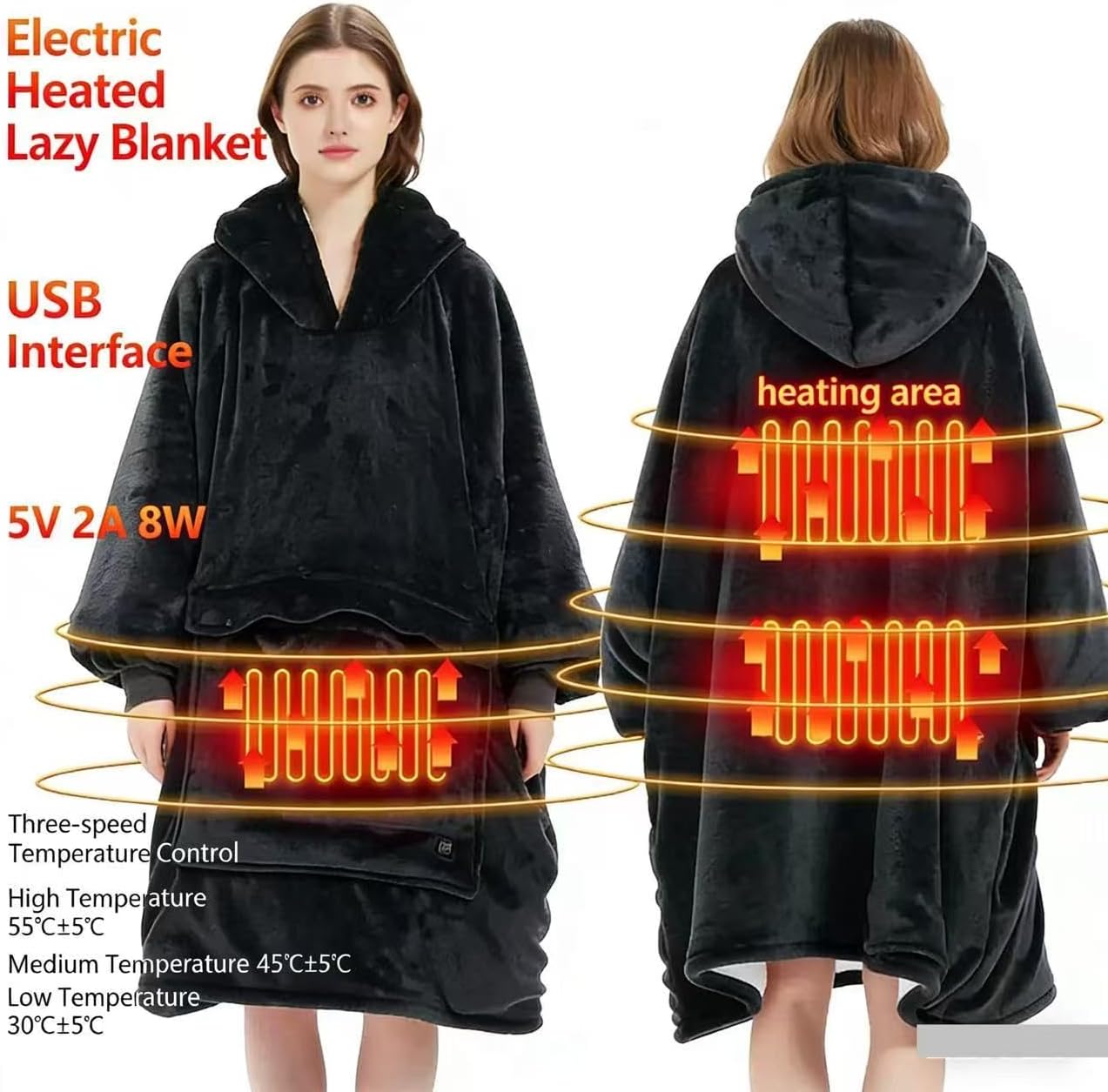 USB Three-Zone Heated Wearable Hooded Blanket Extra-Large Wearable Electric Blanket 3-Level Temperature Adjustment (Blue-BottomSushi)